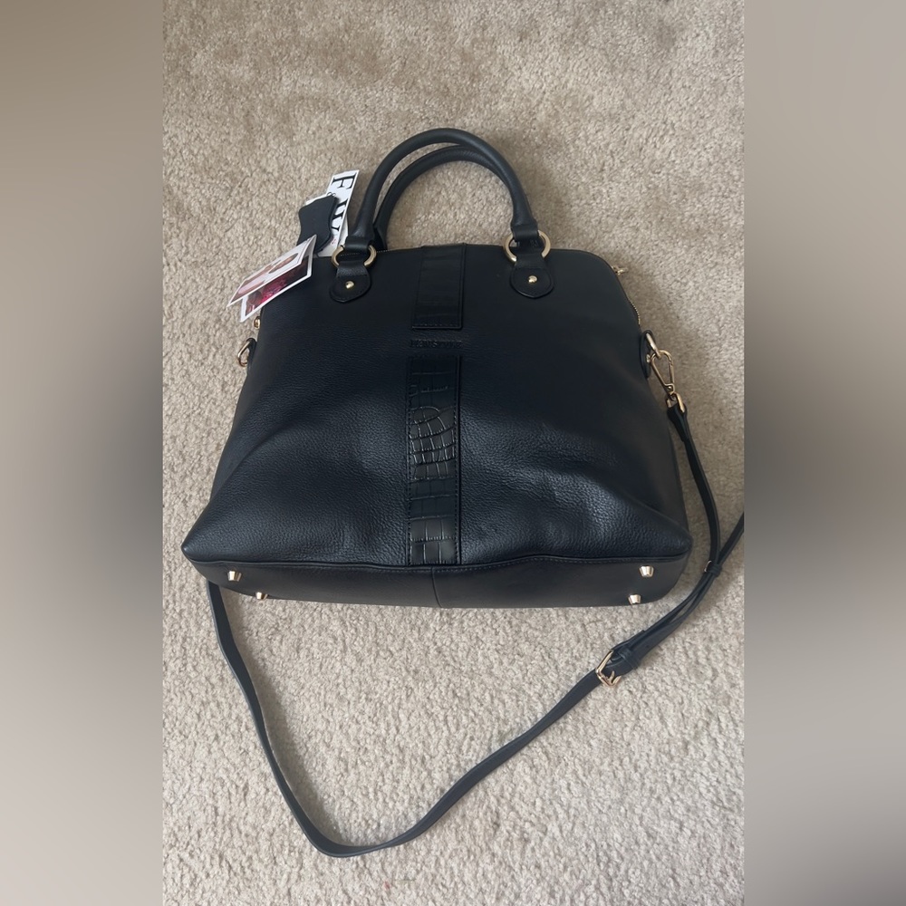 F&W Style  - Croc Embossed Smooth Black LEATHER Handbag/Shoulder Purse